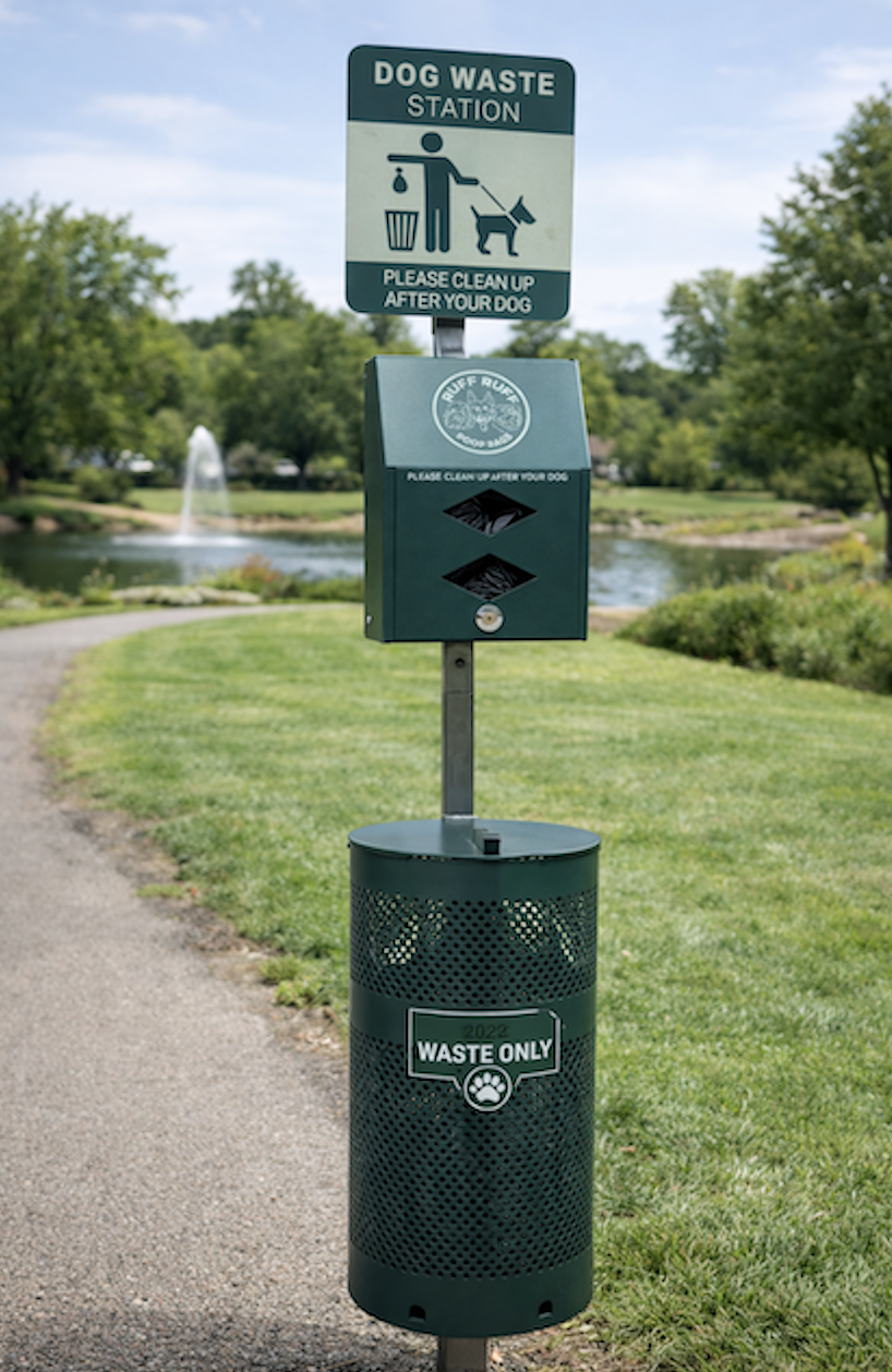 Dog waste station with poop bags and trash bin in park setting.